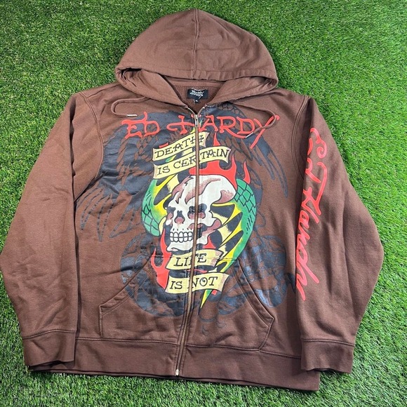Ed Hardy Other - Ed Hardy Skull Eagle Zip Hoodie Brown Graphic Y2K Tattoo Men's XL Full Zip Zip